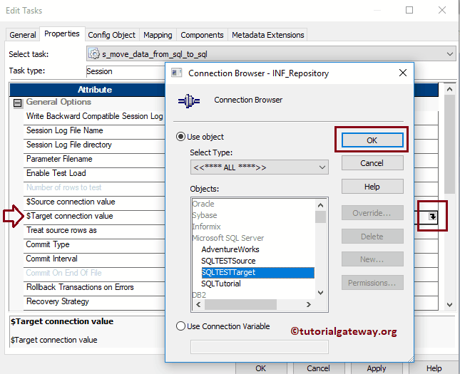 Move Data from SQL Server to another in Informatica Target Connection Value