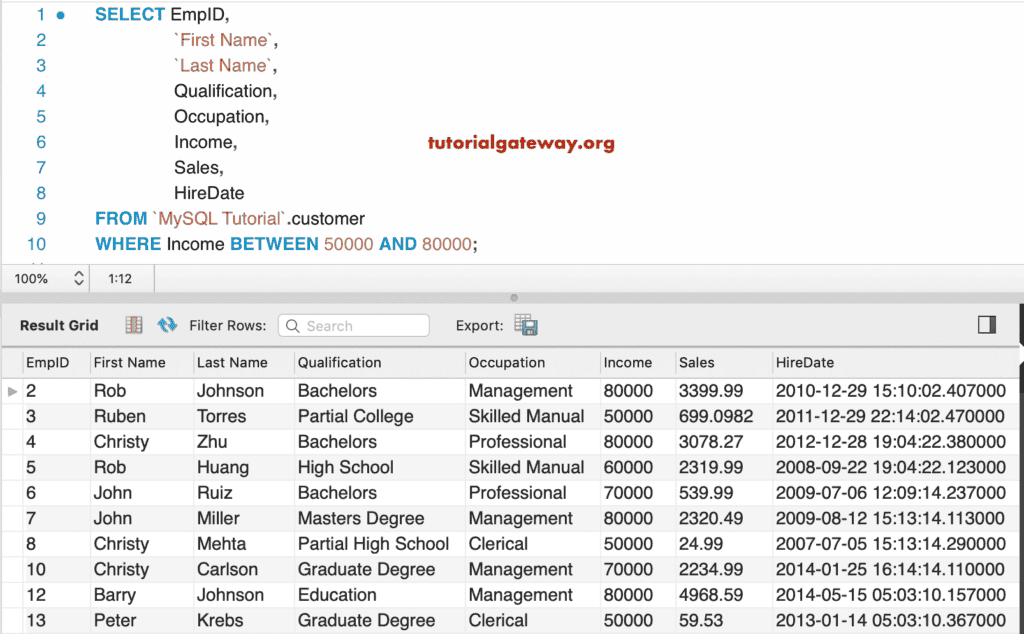 BETWEEN Operator Employees income from 50000 to 80000