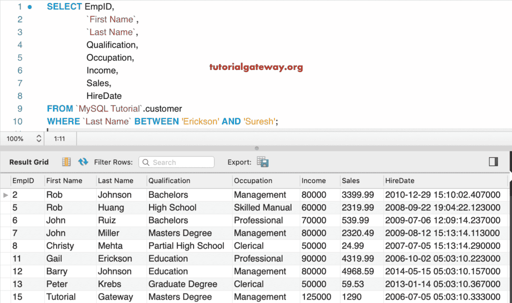 BETWEEN Operator Example 5
