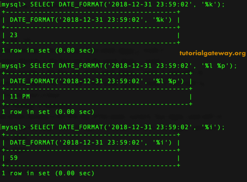 MySQL DATE_FORMAT k, l, p, i arguments