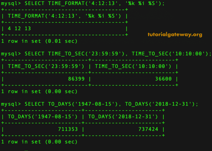 TIME_FORMAT, TIME_TO_SECONDS and TO_DAYS Example 18