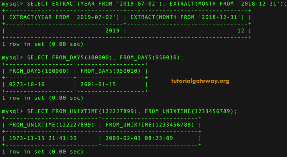 EXTRACT, FROM_DAYS, and FROM_UNIX examples 7