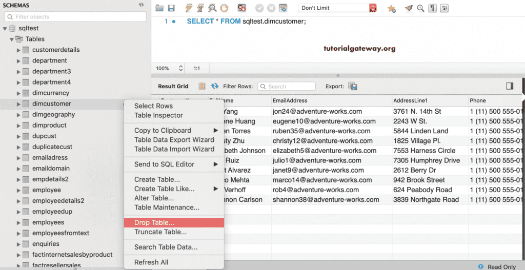 Drop Table using Workbench Menu 5