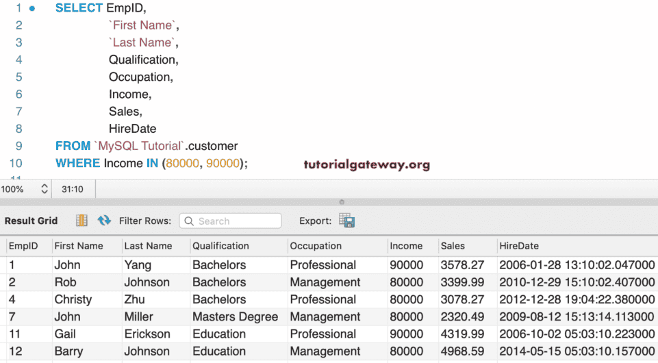 MySQL IN Operator Numeric Values 5