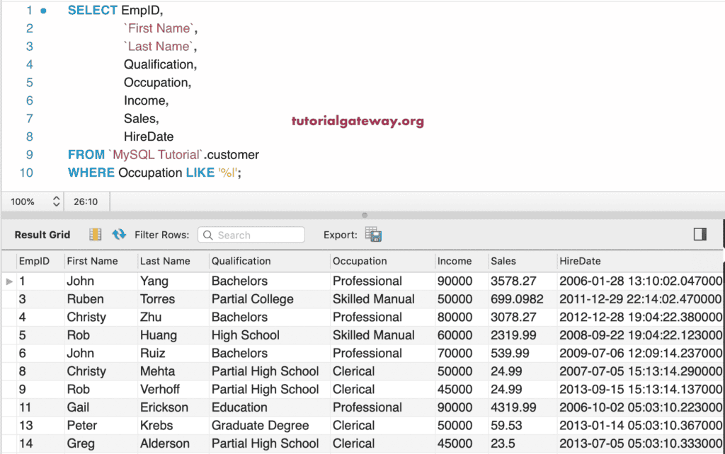MySQL LIKE Wildcard Operator 3