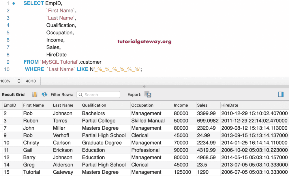 Using Like Wildcard Underscore and Percentage Example 8