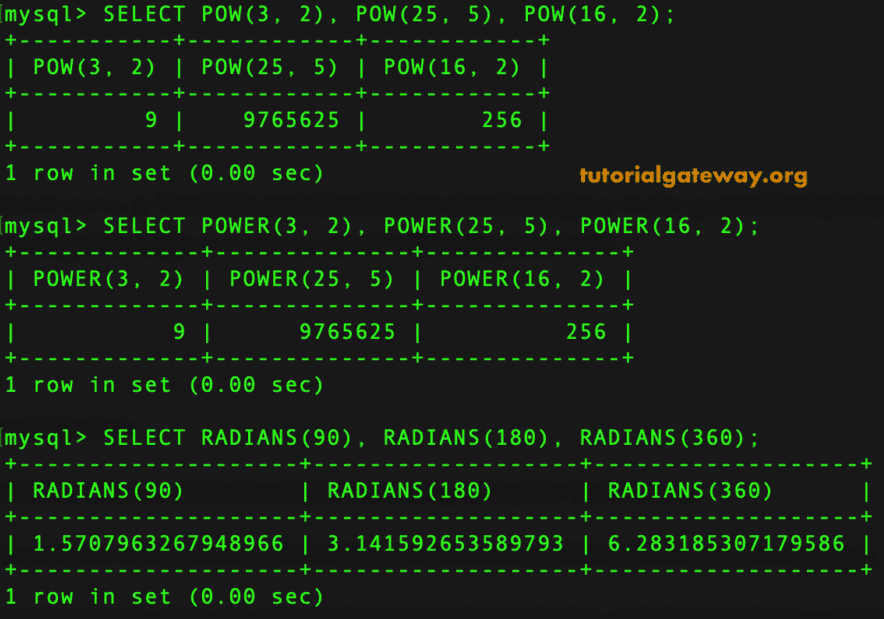 MySQL POWER, POW, RADIANS Mathematical Functions 8