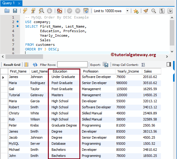 DESC using Numeric Column Position 8