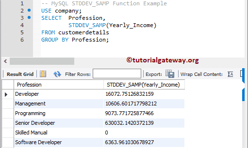 MySQL STDDEV_SAMP Function Example 2