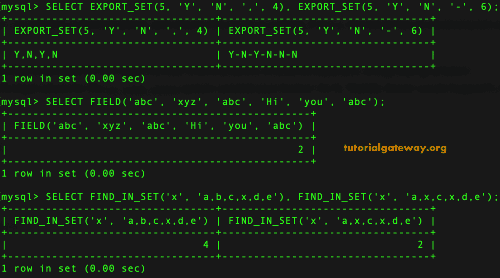 EXPORT_SET, FIELD, and FIND_IN_SET Functions 2
