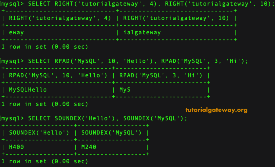 String RIGHT, RPAD, SOUNDEX Functions Example 8