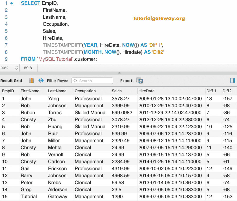 TIMESTAMPDIFF Function Example 3