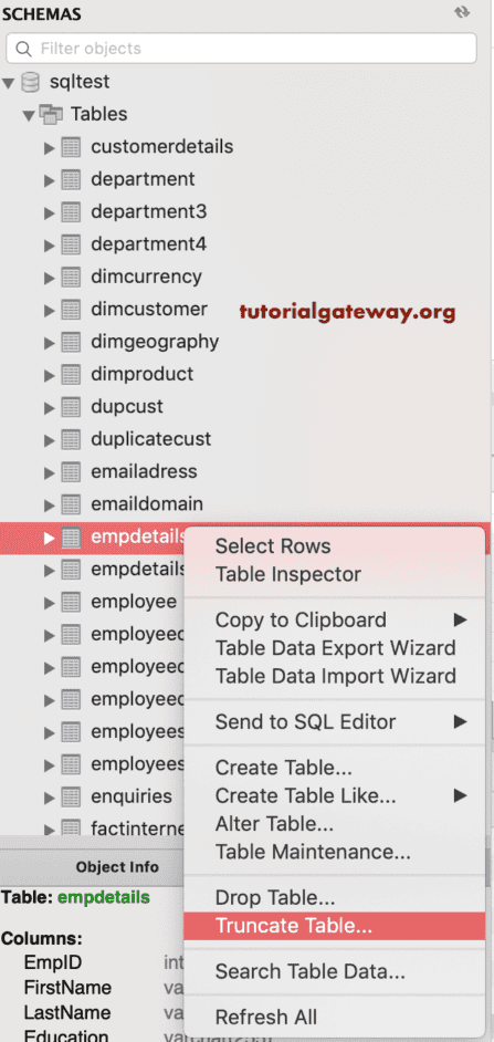 Truncate Table Statement using Workbench 5