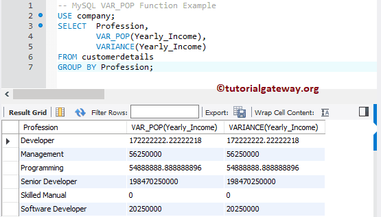 VAR_POP Function Example 2