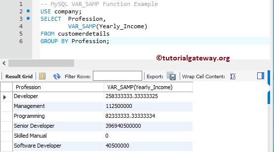 VAR_SAMP Function Example 2