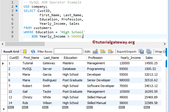 MySQL XOR Operator Example 2