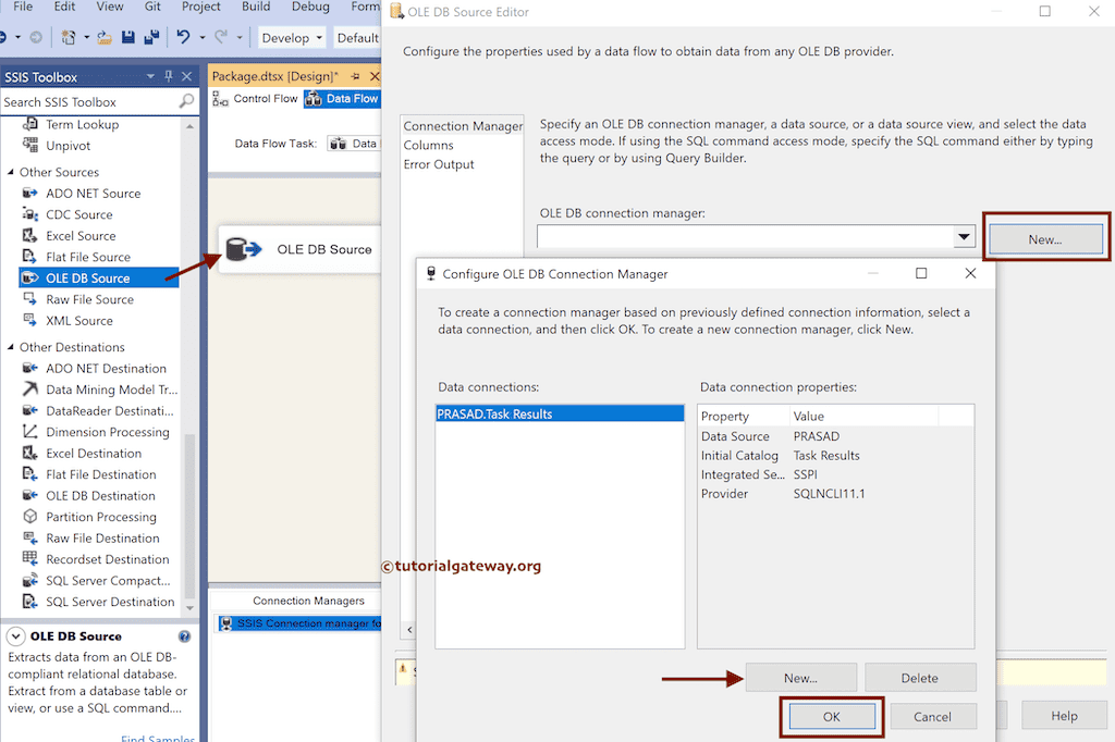 Add OLE DB Source to configure oledb connection manager and Connect to Database Tables
