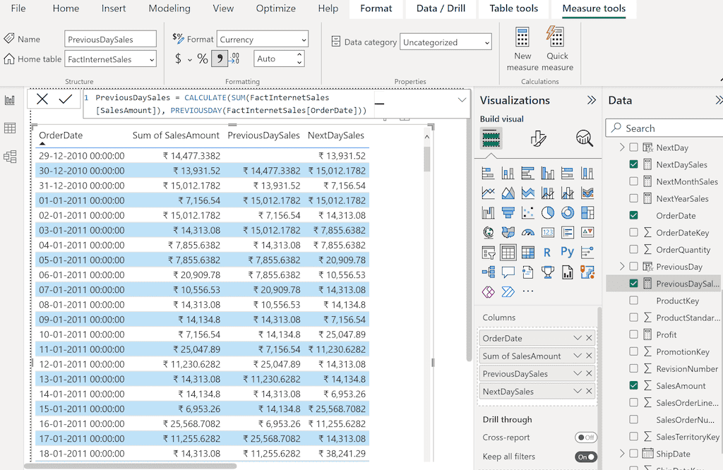 POWER BI DAX PREVIOUSDAY Function