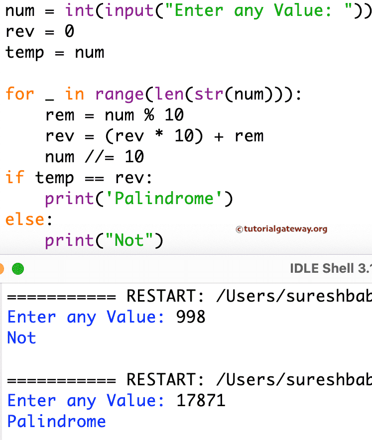 Palindrome Number Program using For loop