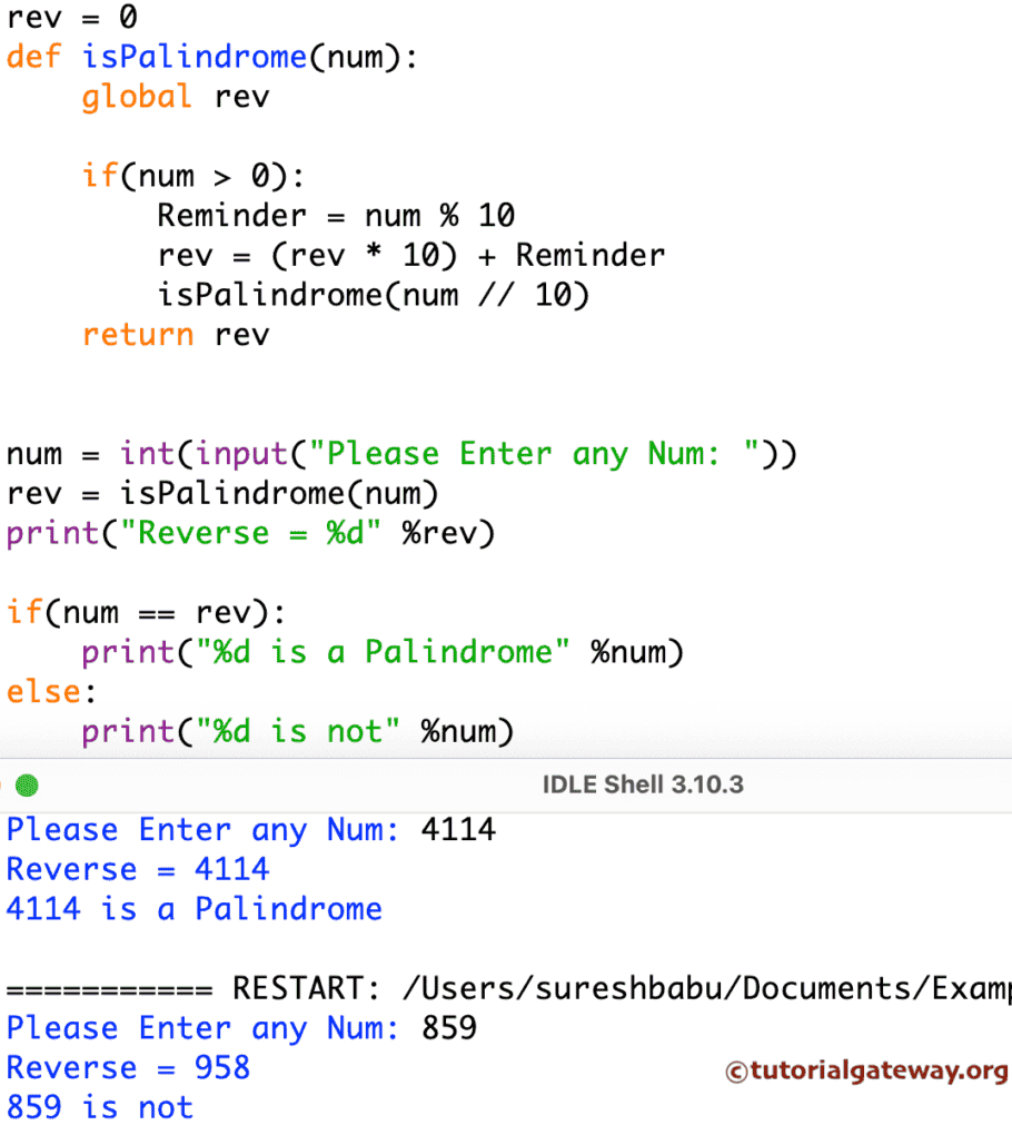 Palindrome Number Program using recursion