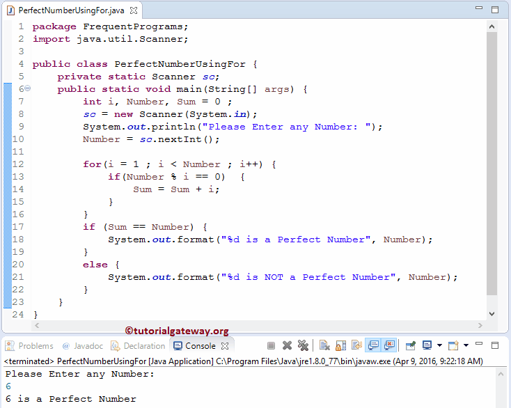 Java Perfect Number Program using For Loop