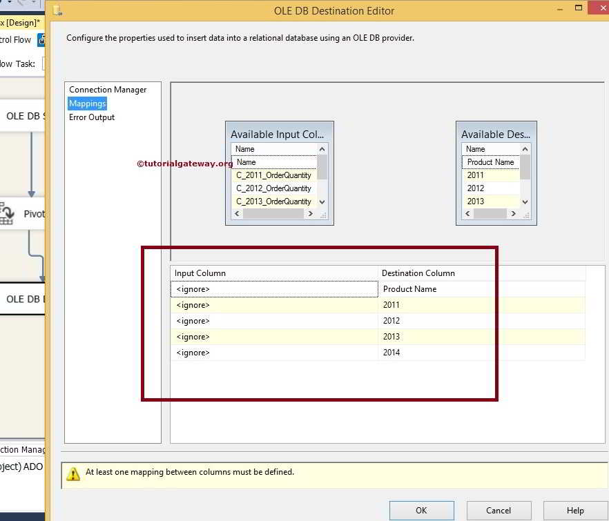 Mapping available Input and Destination Columns