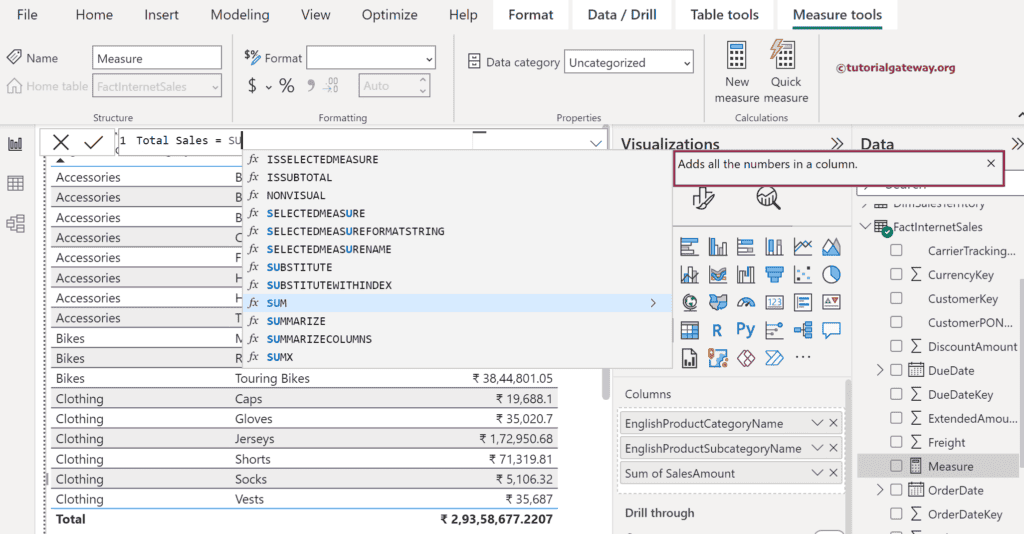 Select the Power BI DAX SUM Function