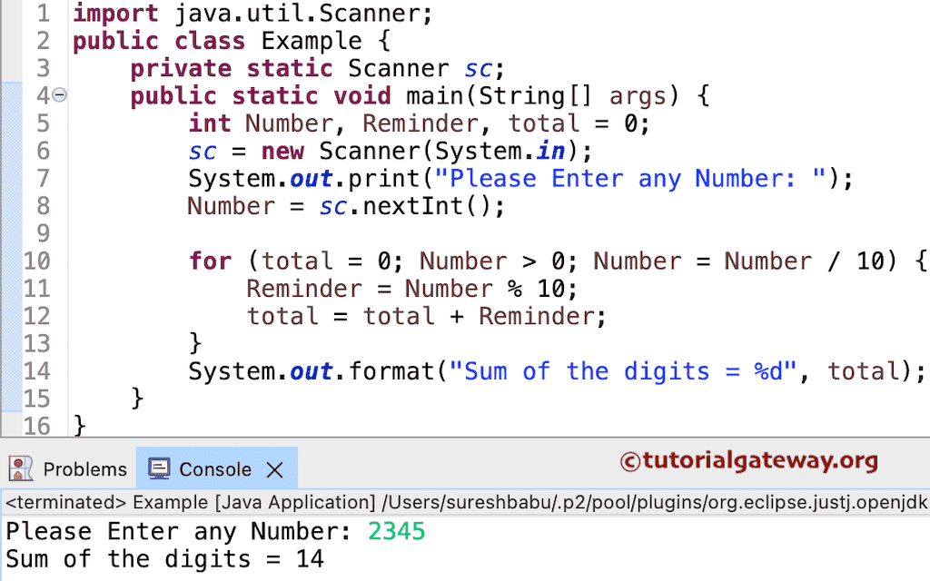 Java Program to Find Sum of Digits using For loop