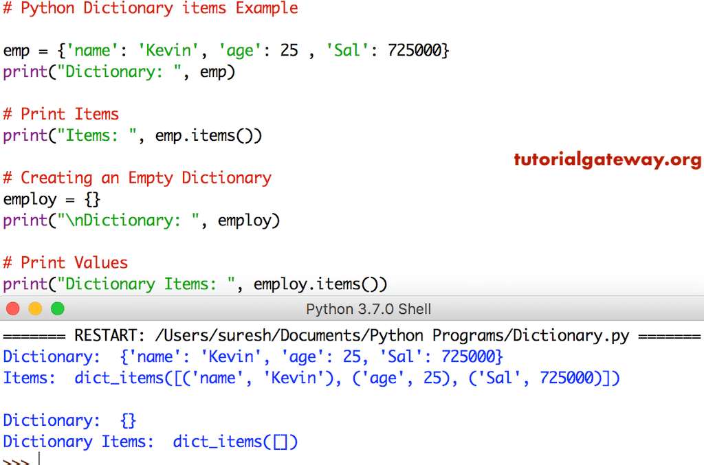 Dictionary items function example