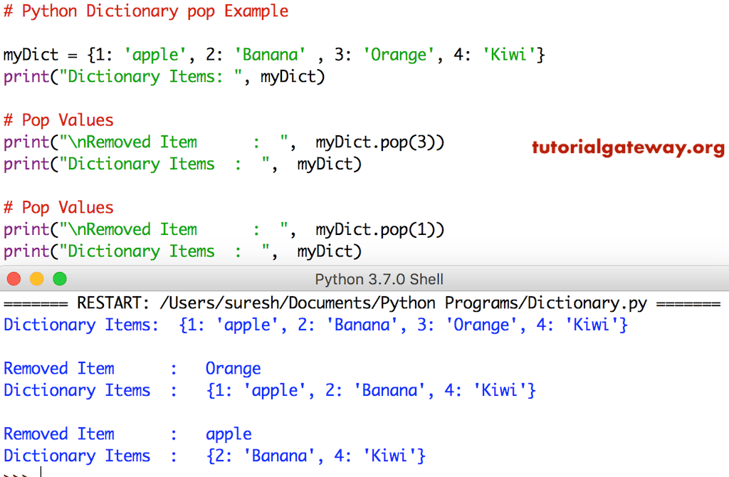 Dictionary pop Function Example
