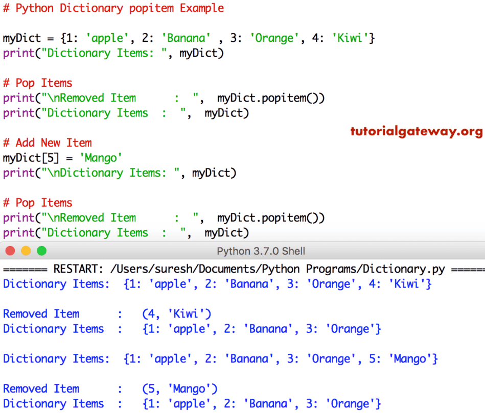 Dictionary popitem function Example