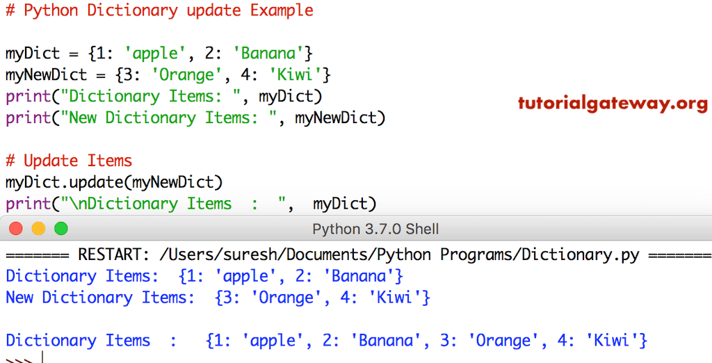 Dictionary update function Example