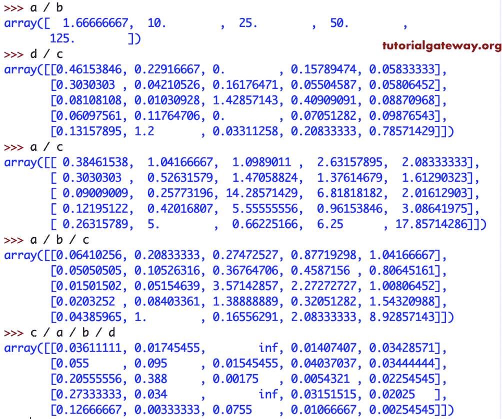 Python NumPy divide Arithmetic Operations 5