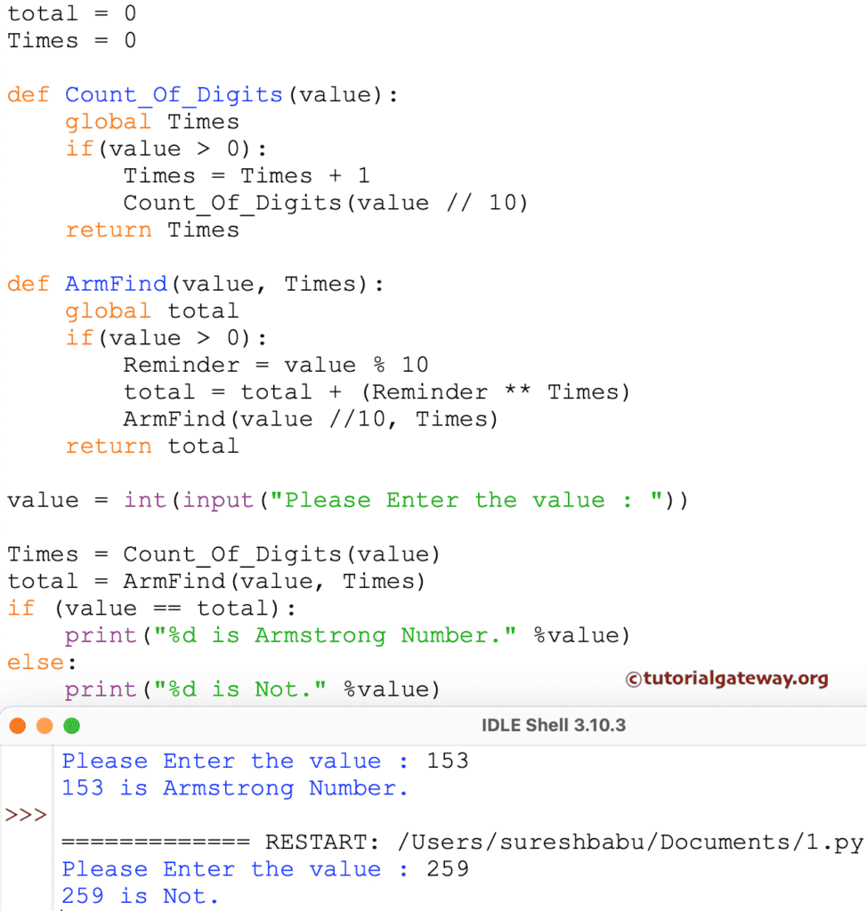 Program for Armstrong Number using Recursion