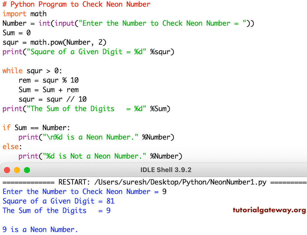 Python Program to Check a Number is a Neon Number