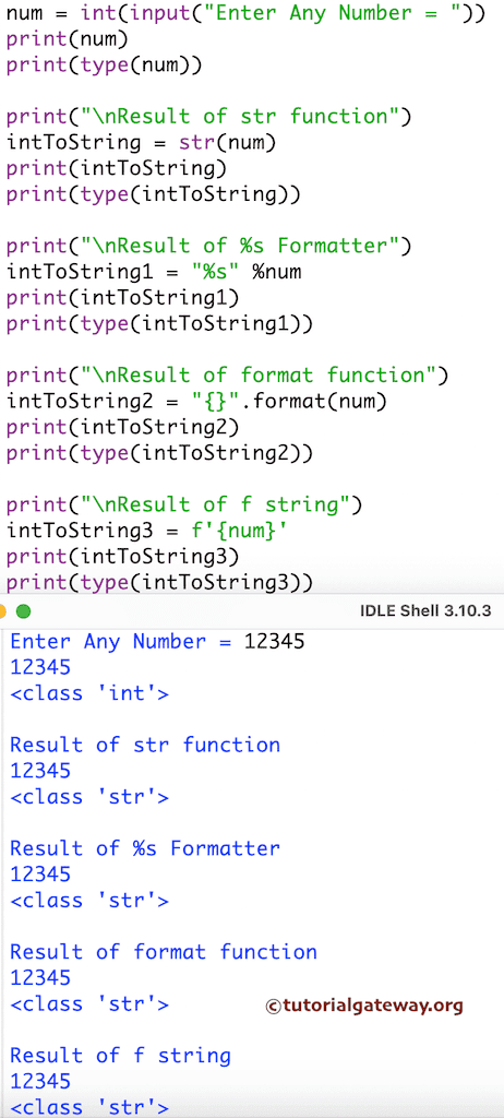 Program to Convert Integer to String using format, f, str() function