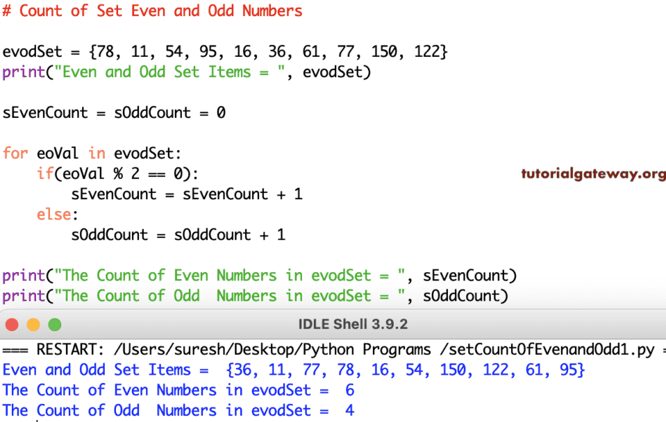 Python Program to Count Even and Odd Numbers in Set