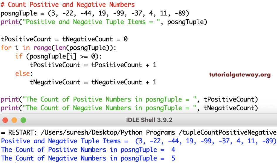 Python Program to Count Positive and Negative Numbers in Tuple