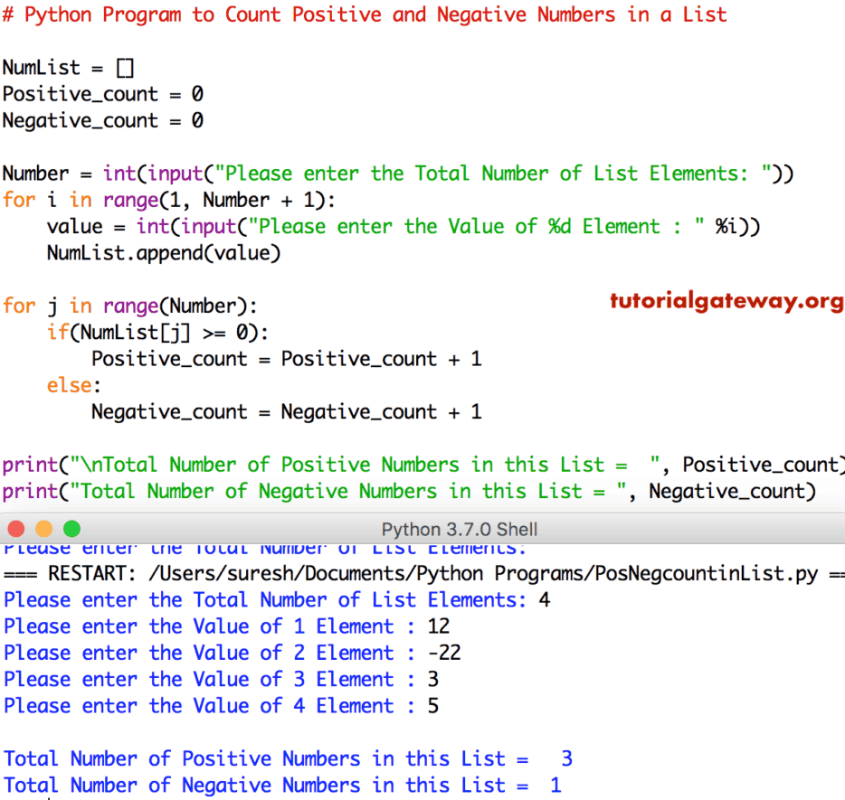 Python Program to Count Positive and Negative Numbers in a List