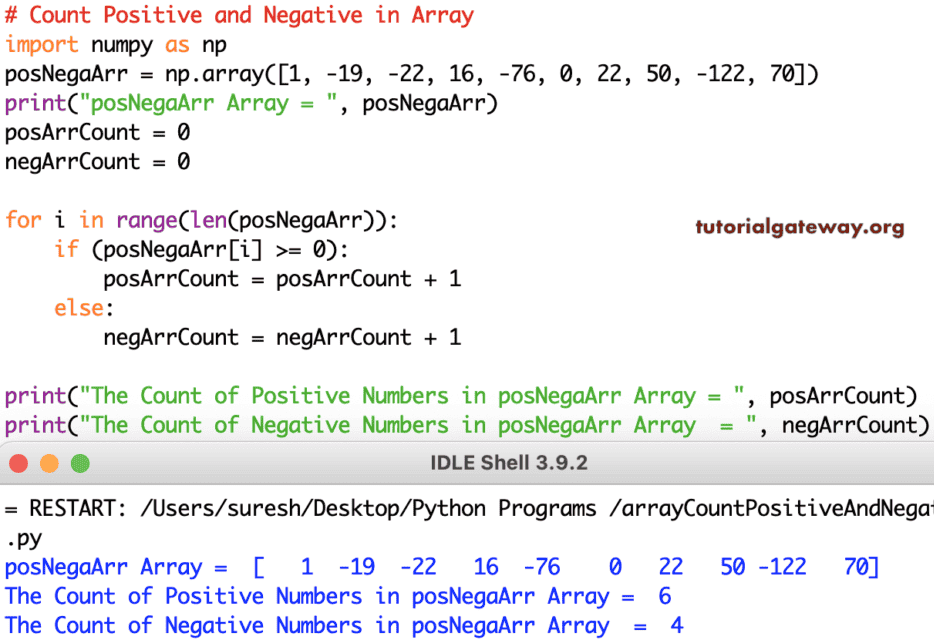 Python Program to Count Positive and Negative Numbers in an Array
