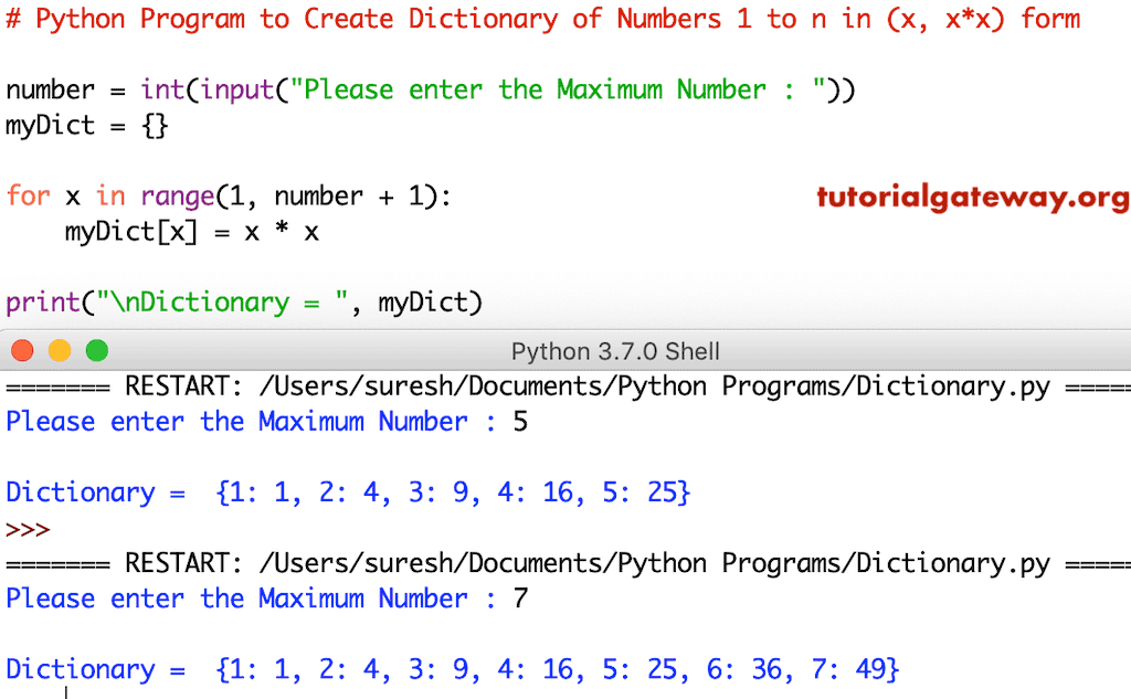 Python Program to Create Dictionary of Numbers 1 to n in (x, x*x) form or series