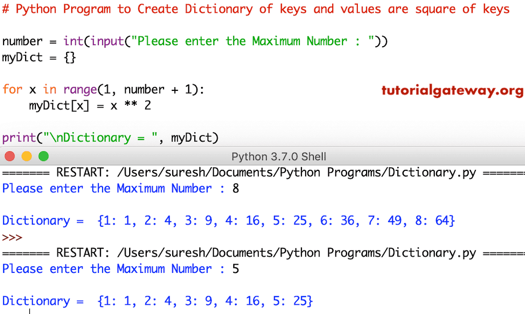Python Program to Create Dictionary of keys and values are square of keys
