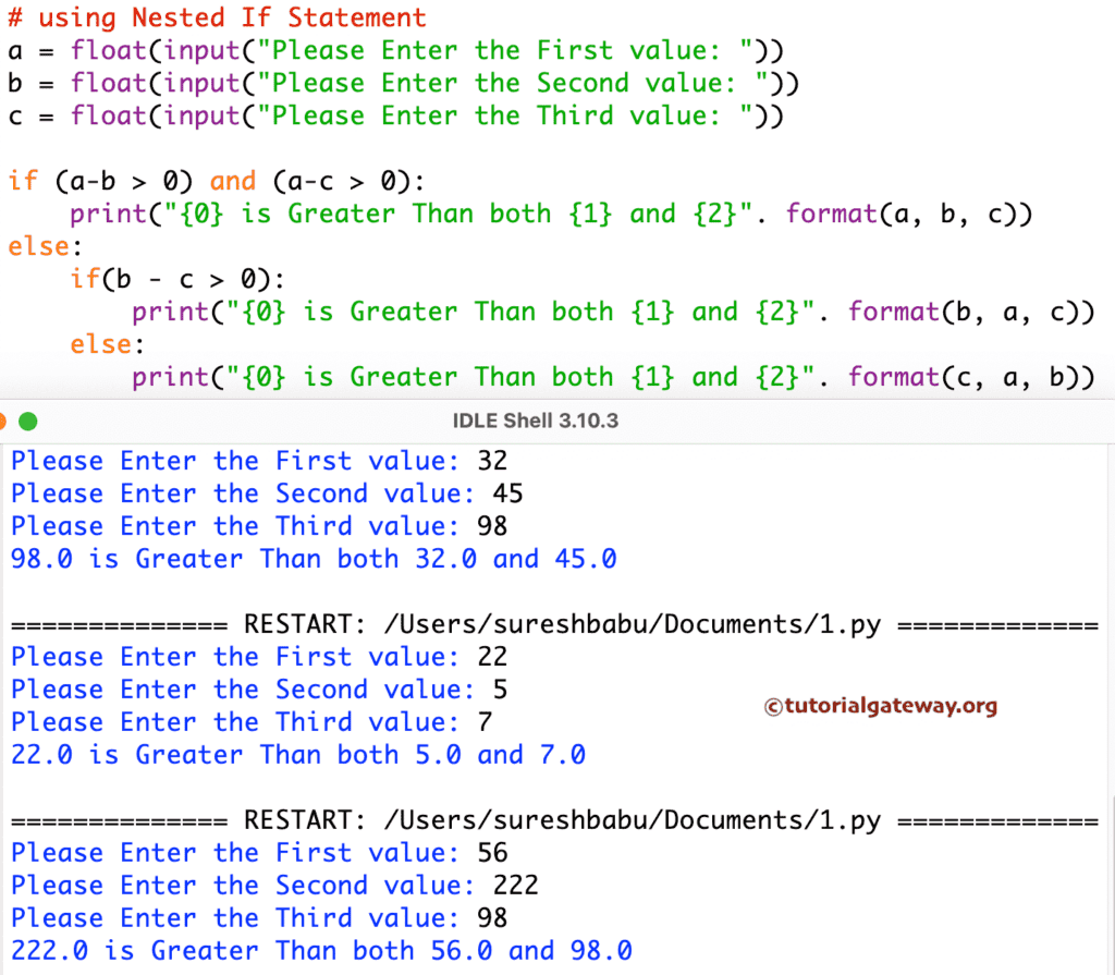 Python Program to Find Largest of Three numbers using Nested if
