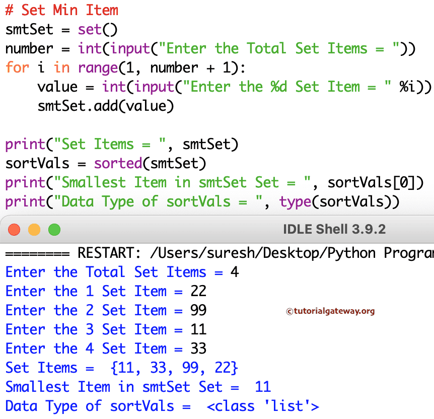 Python Program to Find Smallest Set Item