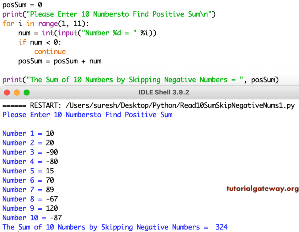 Python Program to Find Sum of 10 Numbers and Skip Negative Numbers