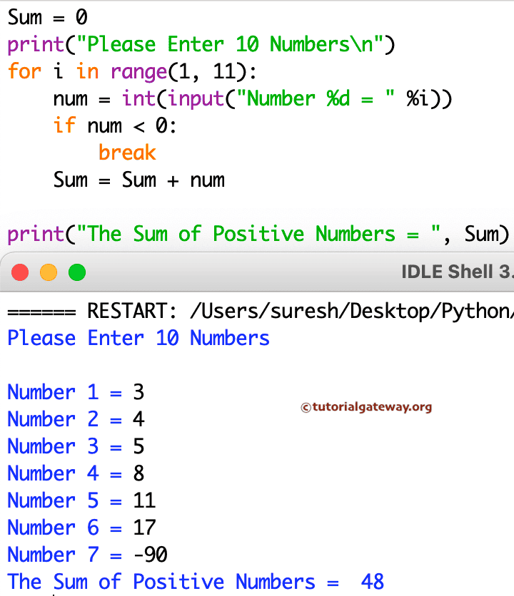 Python Program to Find Sum of 10 Numbers until user enters Positive Numbers