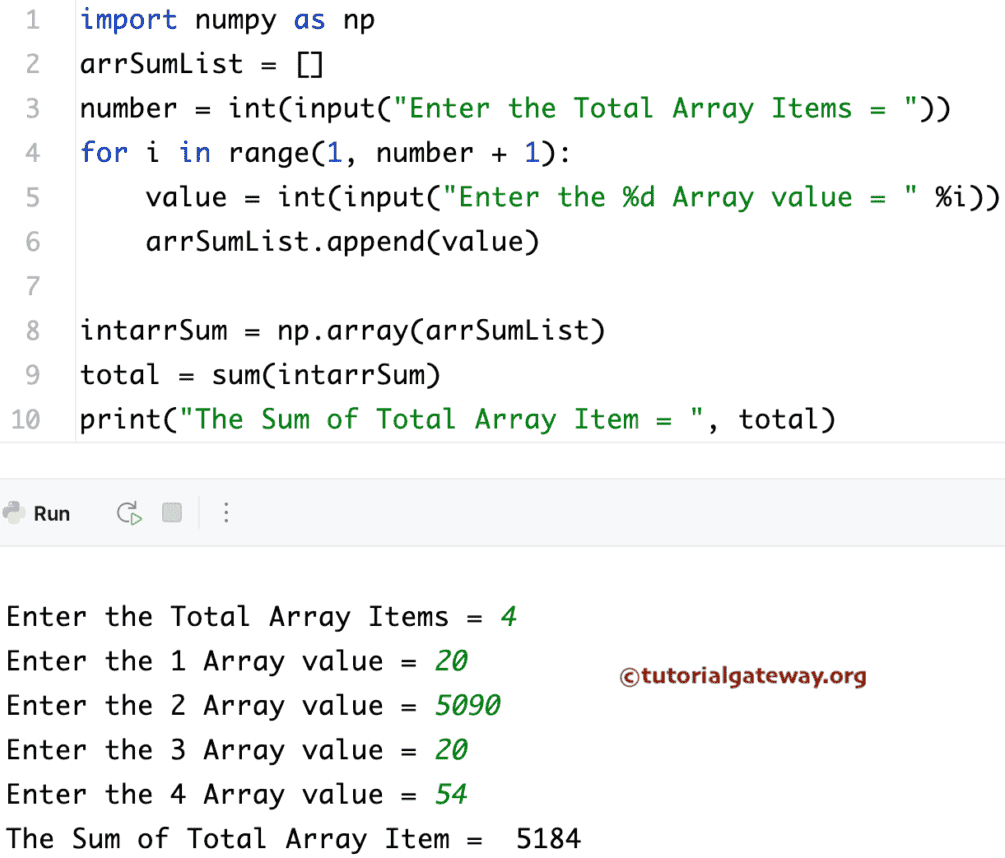 Python Program to Find Sum of Numpy Array Items using sum() function