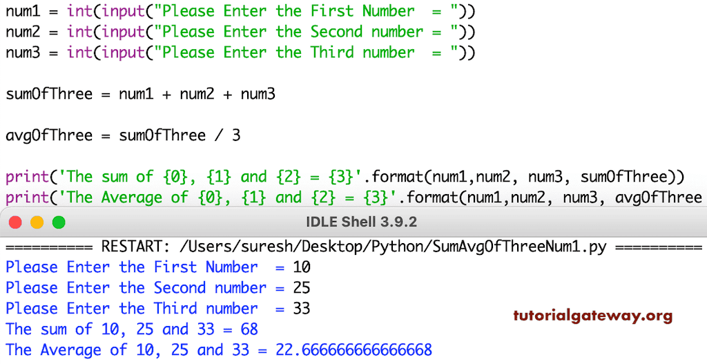 Python Program to Find the Sum and Average Of Three Numbers