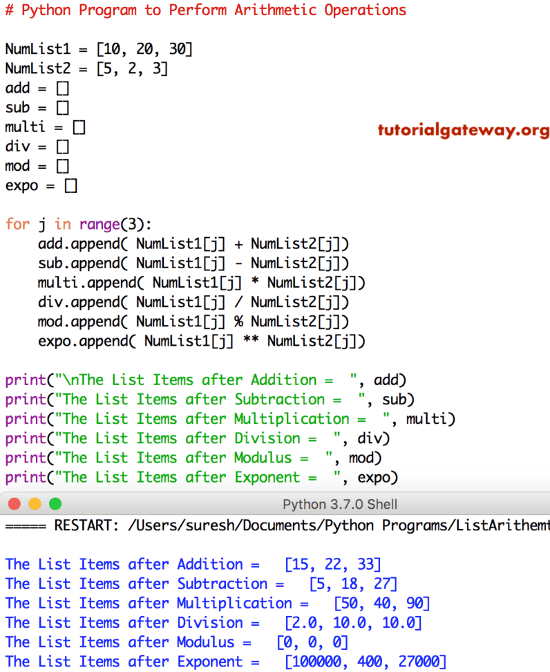 Python Program to Perform Arithmetic Operations on Lists