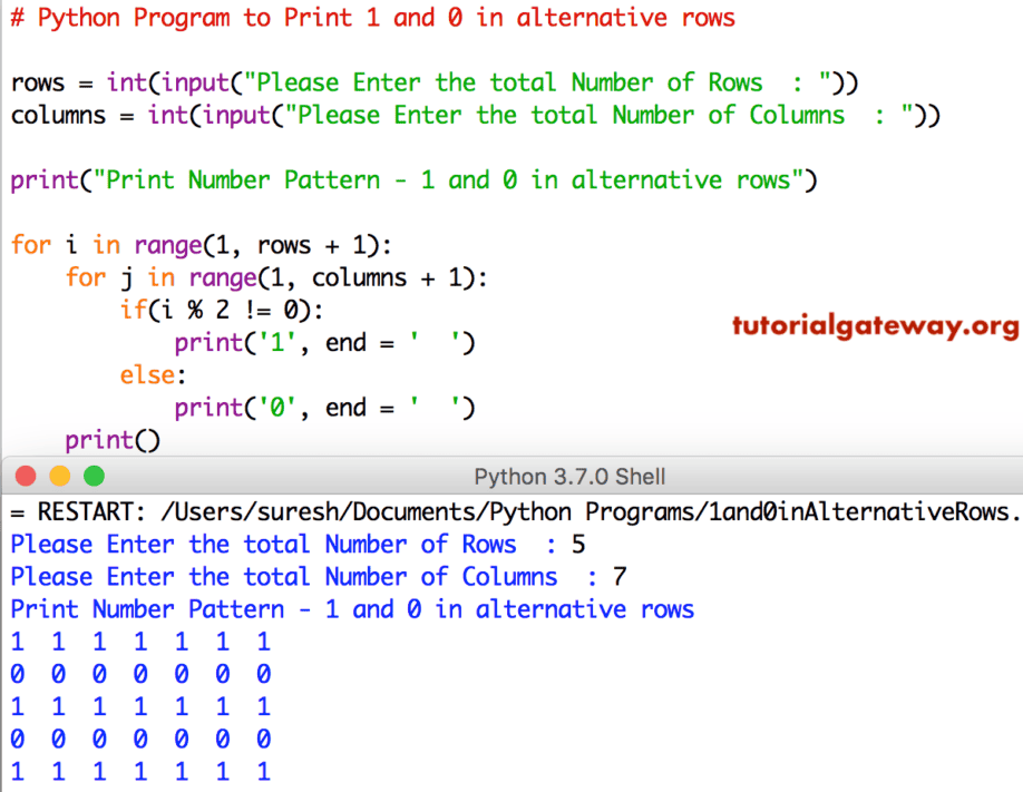 Python Program to Print 1 and 0 in alternative rows